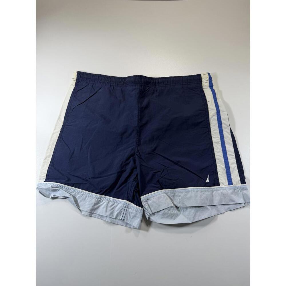 Nautica Men's Navy Blue Swim Shorts with White and Blue M